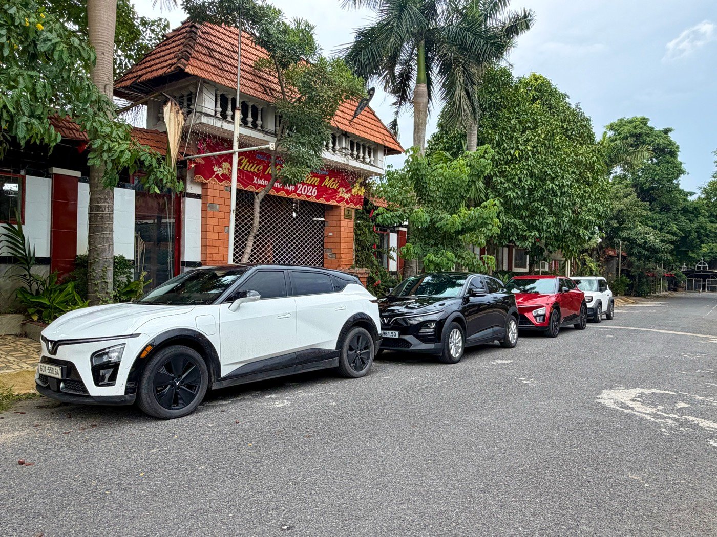 Ba chiếc VinFast trắng, đen, đỏ đậu dọc đường